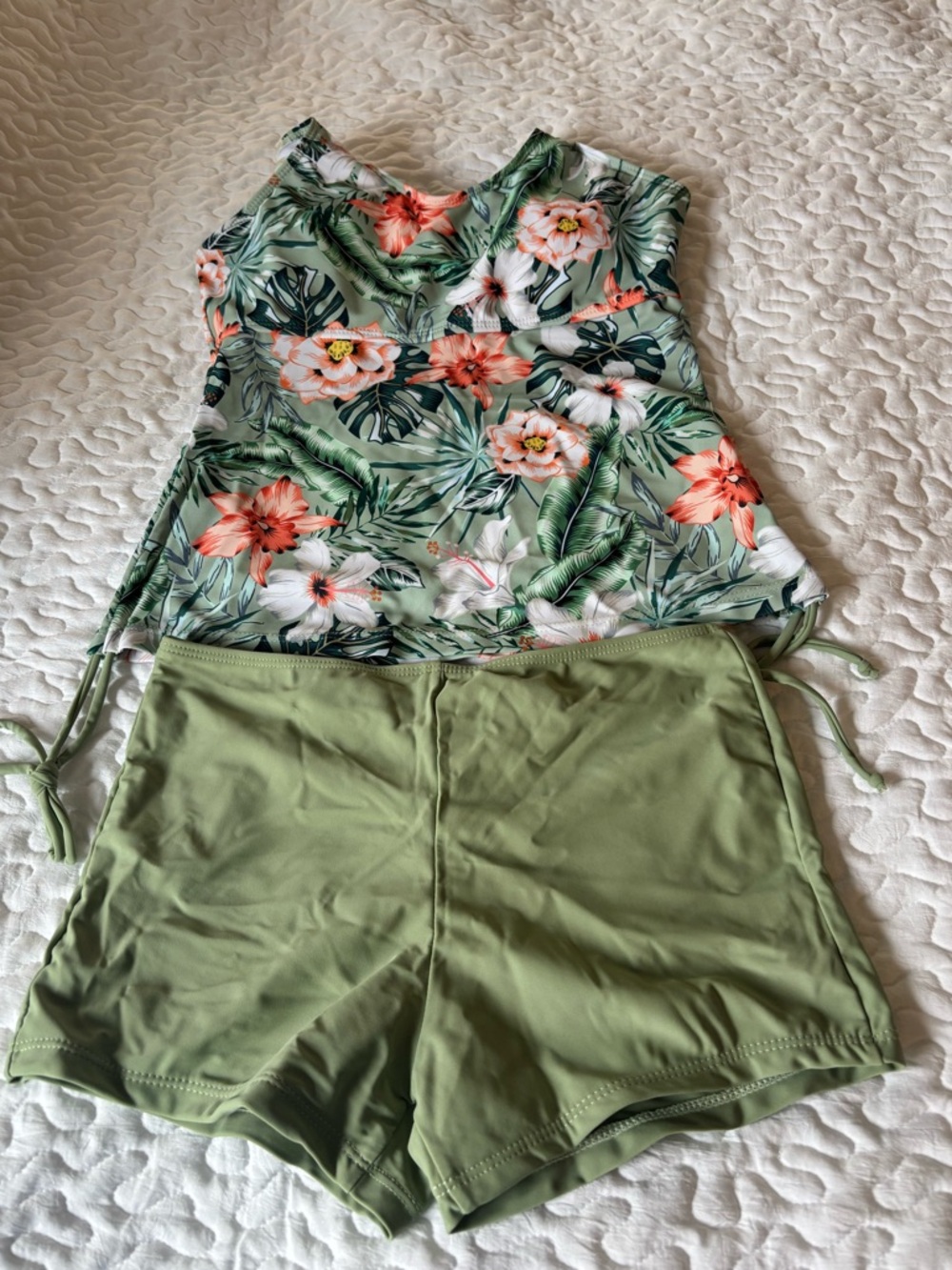 Green Floral Tankini Top with Olive Swim Shorts